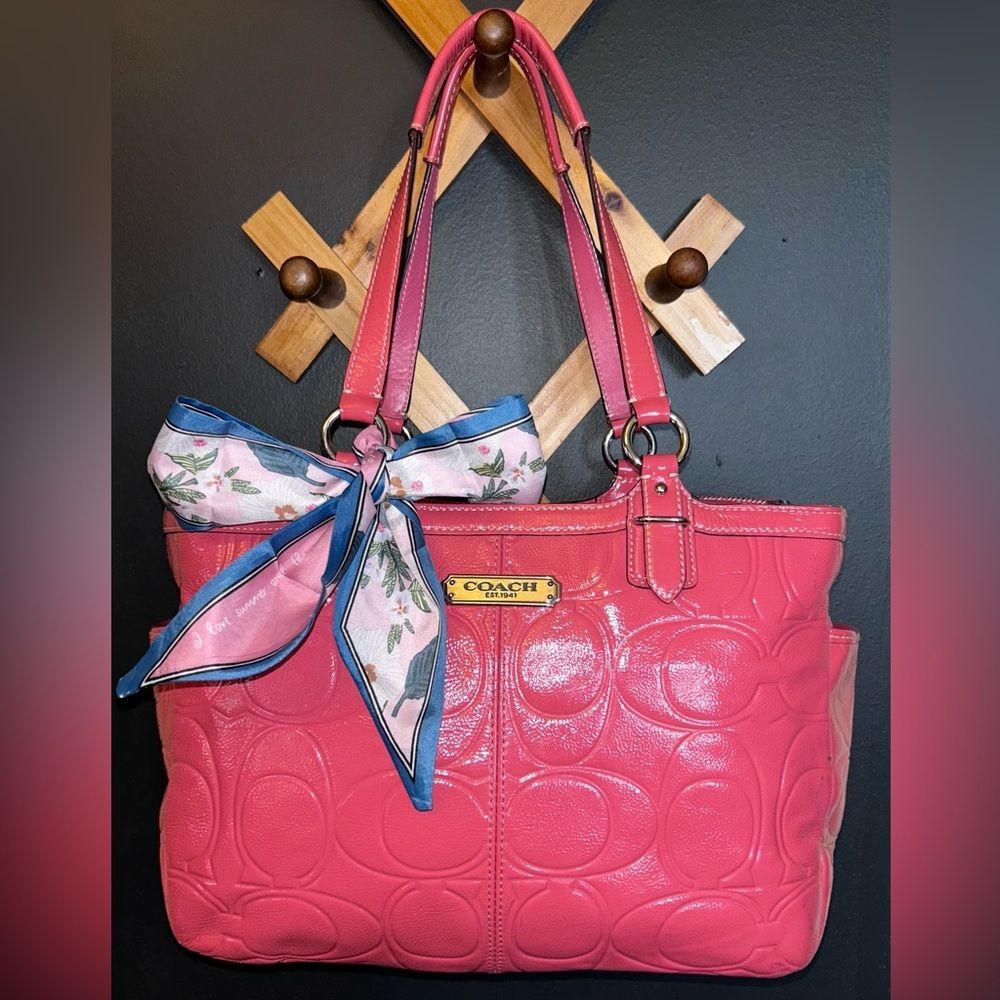 Coach Pink Embossed Leather Shoulder Bag with Scarf Accent